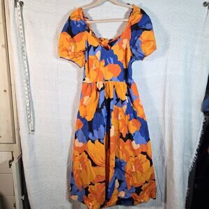 Tabitha Brown Dress Womens 16 Orange Blue Floral Midi Puff Sleeve Anthropologie